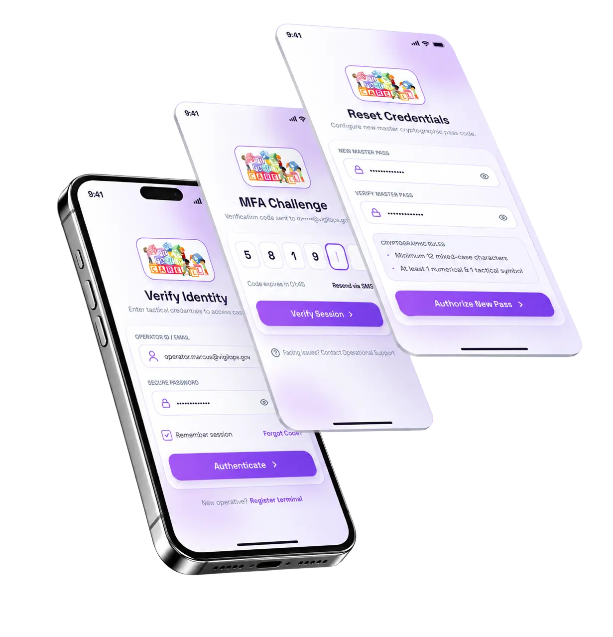 CareTransit identity verification and credentials screens