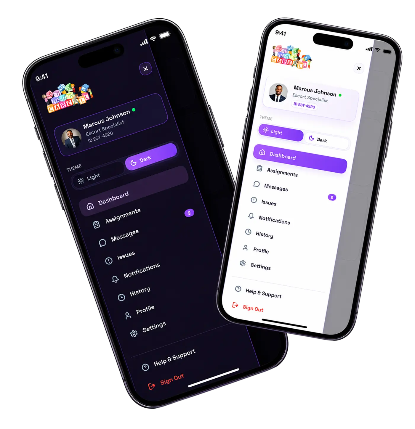 CareTransit mobile profile shown in dark and light themes